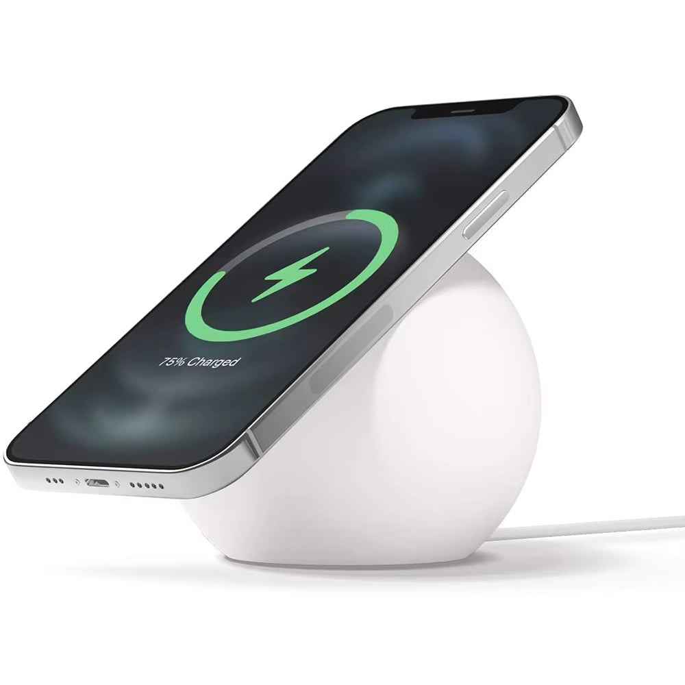 Support de bureau magnétique MagSafe en silicone blanc avec iPhone en charge sans fil