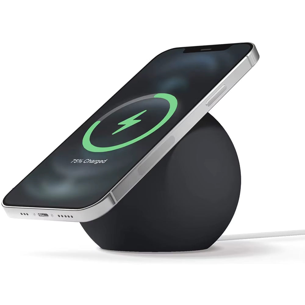 Support de bureau magnétique MagSafe en silicone noir avec iPhone en charge sans fil