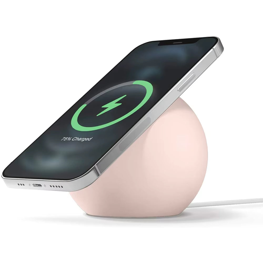 Support de bureau magnétique MagSafe en silicone rose avec iPhone en charge sans fil